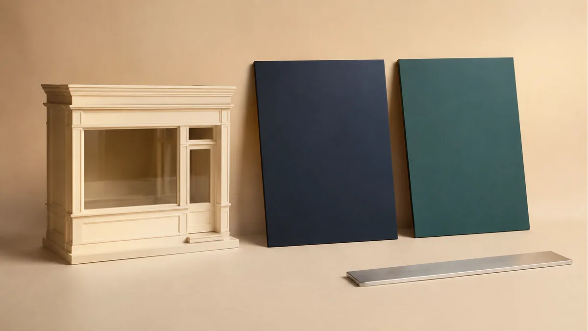 Illustration: Miniature cream storefront model beside blank sign panels and a plain straightedge