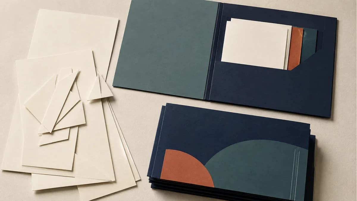 Illustration: Paper offcuts beside a reusable sample folder and a small flyer stack