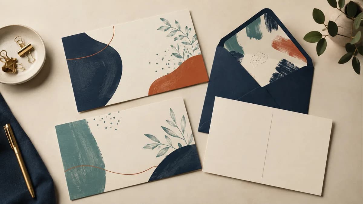 Illustration: Two postcard designs beside an open envelope and plain reply card