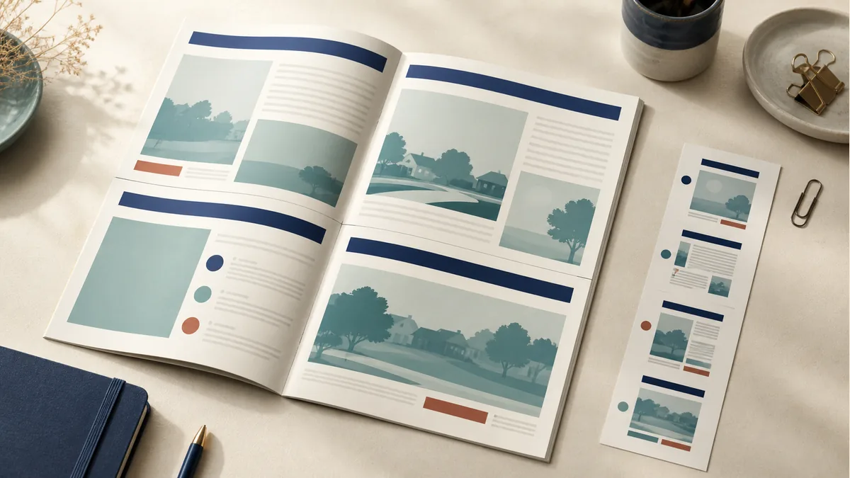Illustration: Open newsletter layout with a separate page-order strip