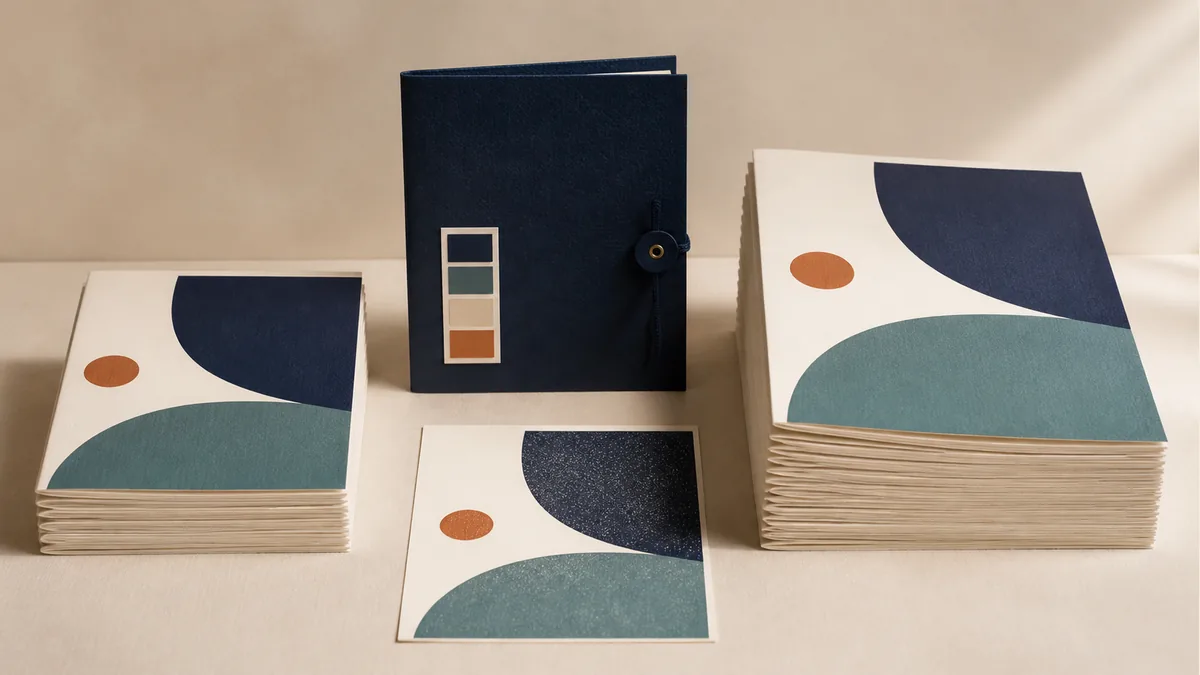 Illustration: Two quantities of matching brochures beside a retained sample folder