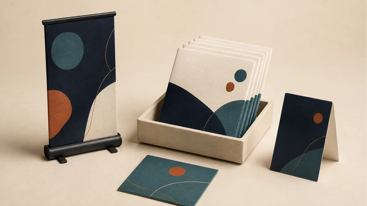 Illustration: Miniature banner stand, brochure tray, takeaway card, and table tent