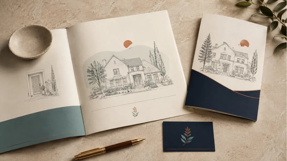 Illustration: Coordinated property brochure, flyer, and card with an imaginary house illustration