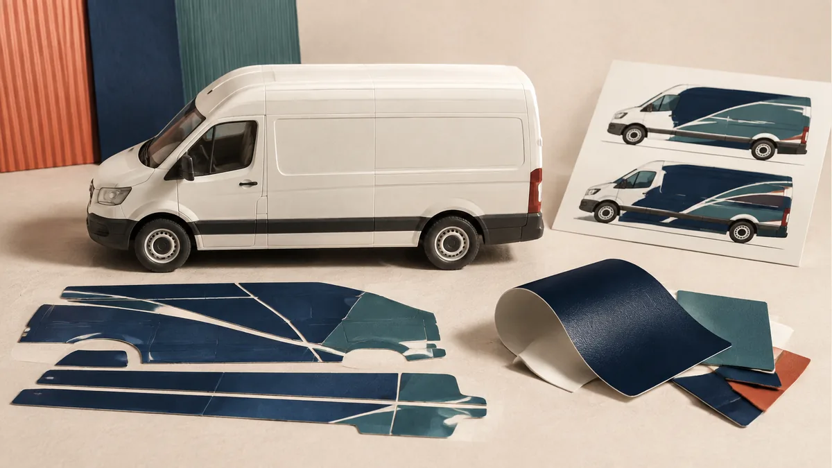 Illustration: Unbranded van scale model beside wrap-layout pieces and a curled vinyl sample