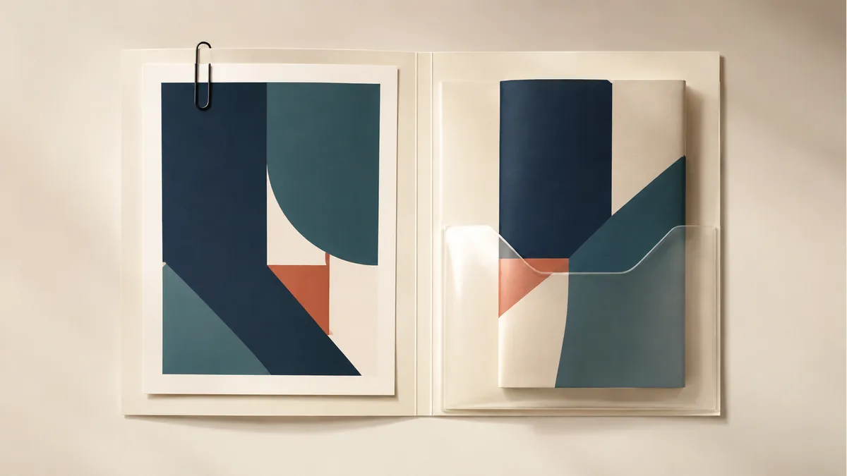 Illustration: Clipped geometric proof and matching folded brochure inside a clear-pocket folder