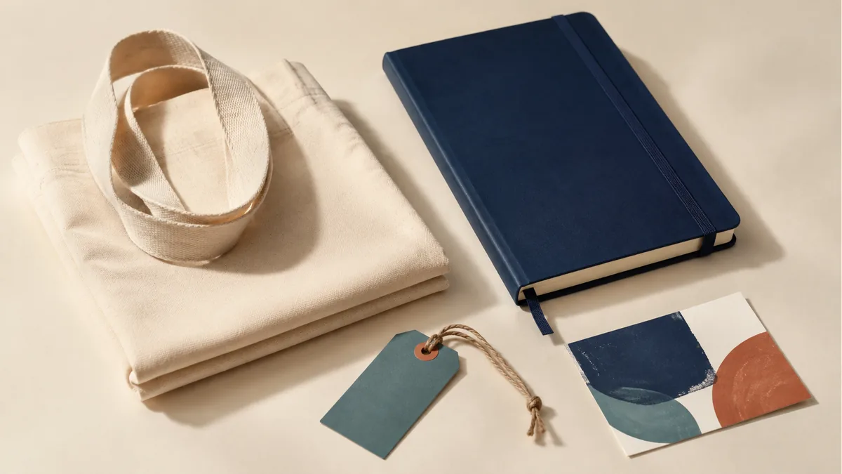 Illustration: Plain tote bag, notebook, hang tag, and small artwork swatch