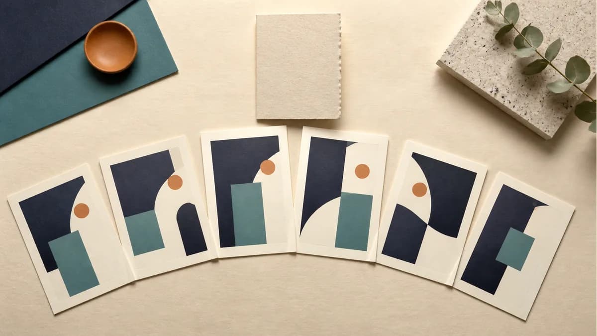 Illustration: Arc of printed cards with different geometric panel arrangements