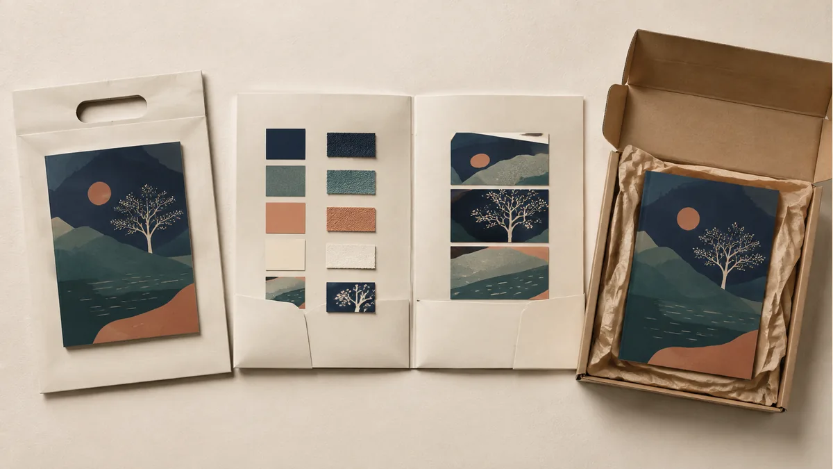 Illustration: Matching brochure samples in a carry sleeve and shipping box around a specification folder