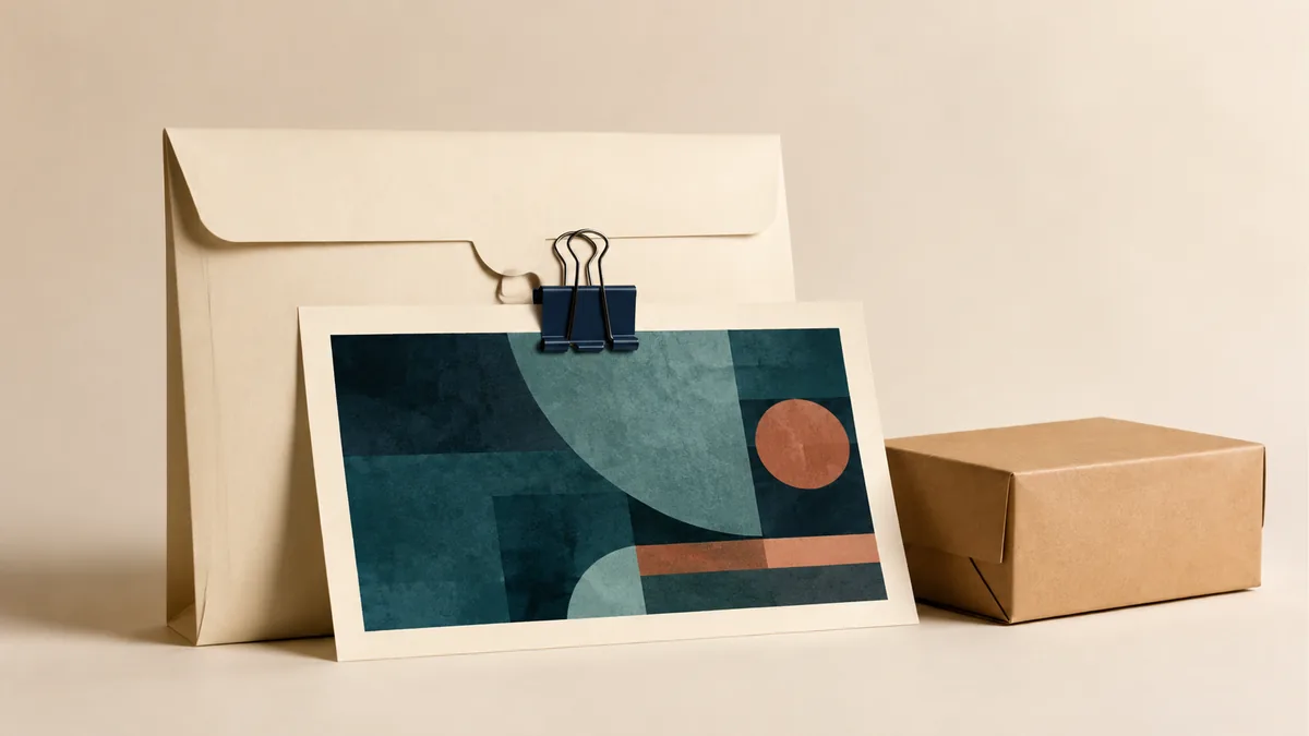 Illustration: Job wallet, clipped artwork sample, and compact kraft parcel