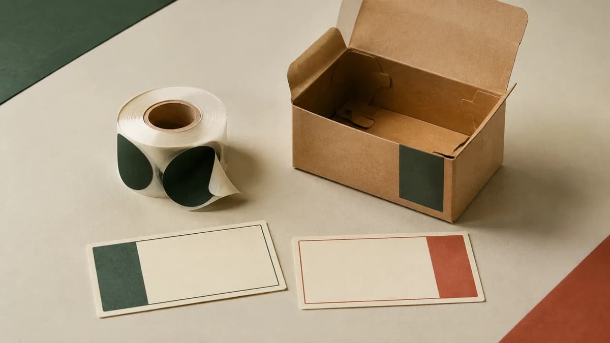 Illustrative kraft box, roll of green circular labels and cream packaging cards