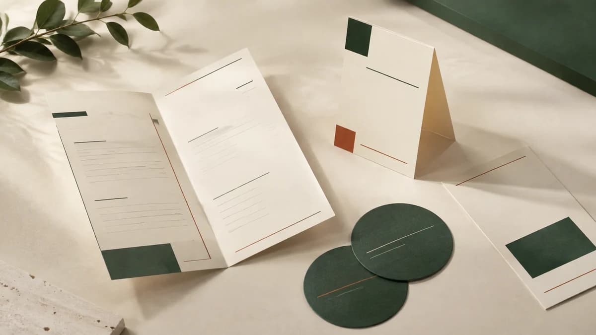 Illustrative cream menu sheets, a folded table card and green circular coasters with abstract printed rules