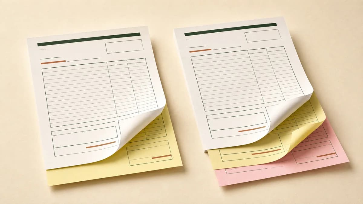 Illustration comparing a two-sheet white and yellow form set with a three-sheet white, yellow and pink set