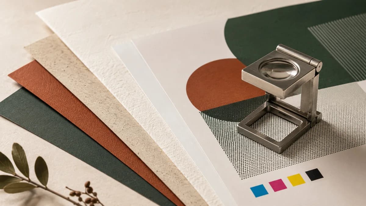 Illustrative paper stocks, ink swatches and a magnifying loupe over a printed halftone sample