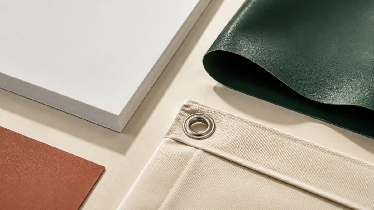 Illustrative rigid white sign board, curled green sheet and woven banner edge with a metal grommet