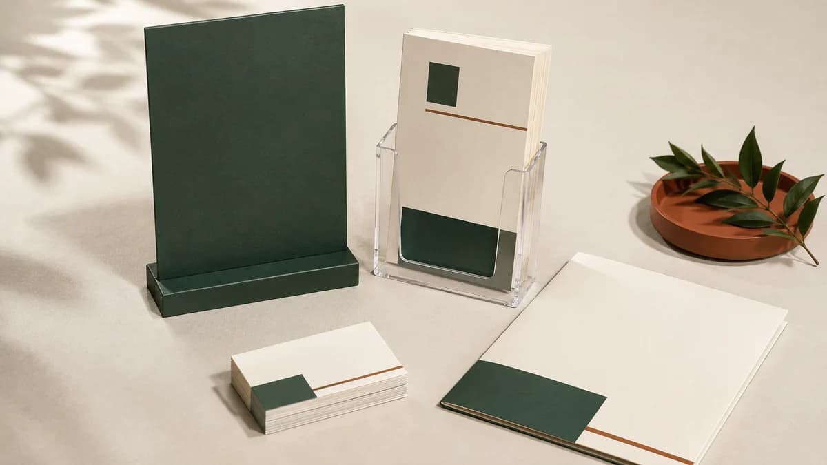 Illustrative tabletop display panel, clear brochure holder, cards and folded handouts