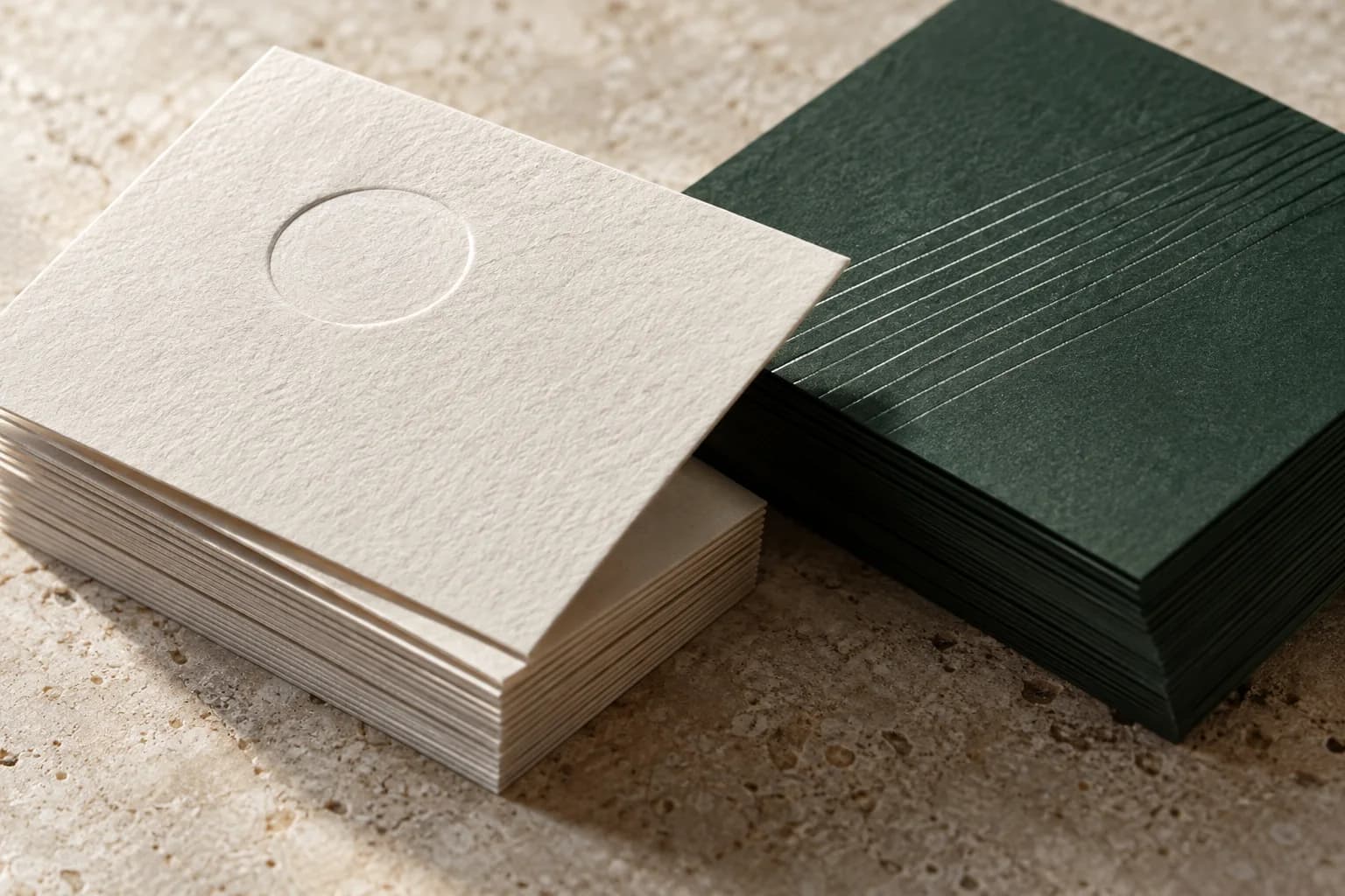 Cream and dark card stacks showing paper grain and cut edges.