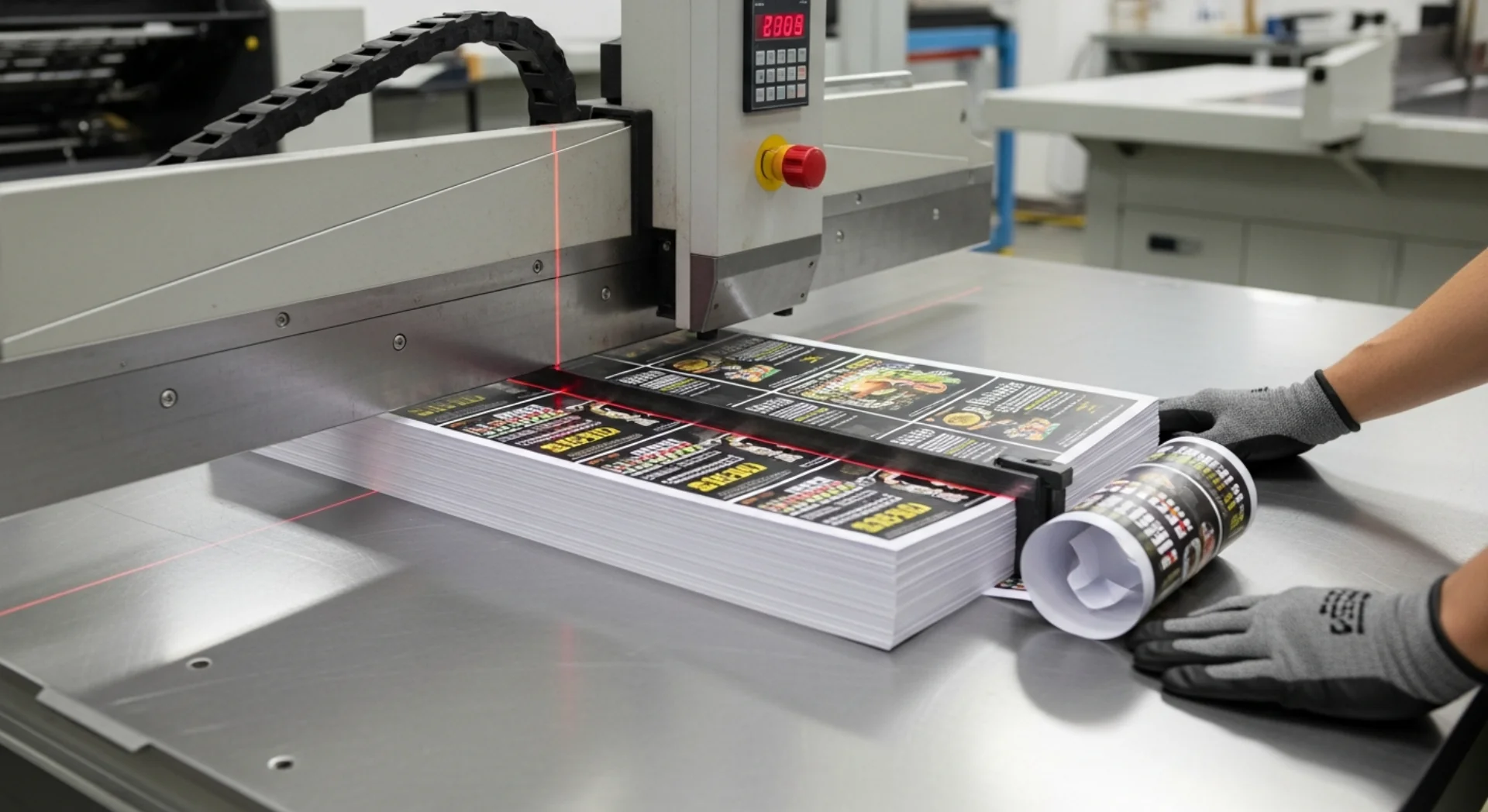 Industrial paper cutter trimming a stack of freshly printed sheets to final size