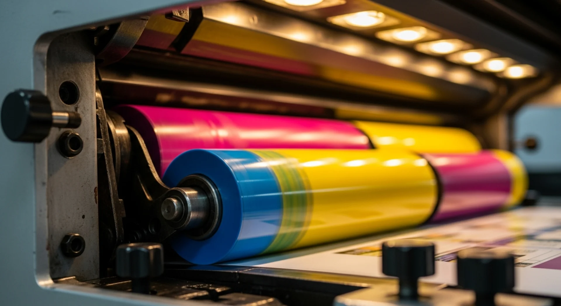 Close-up of offset press ink rollers coated in cyan, magenta, and yellow ink