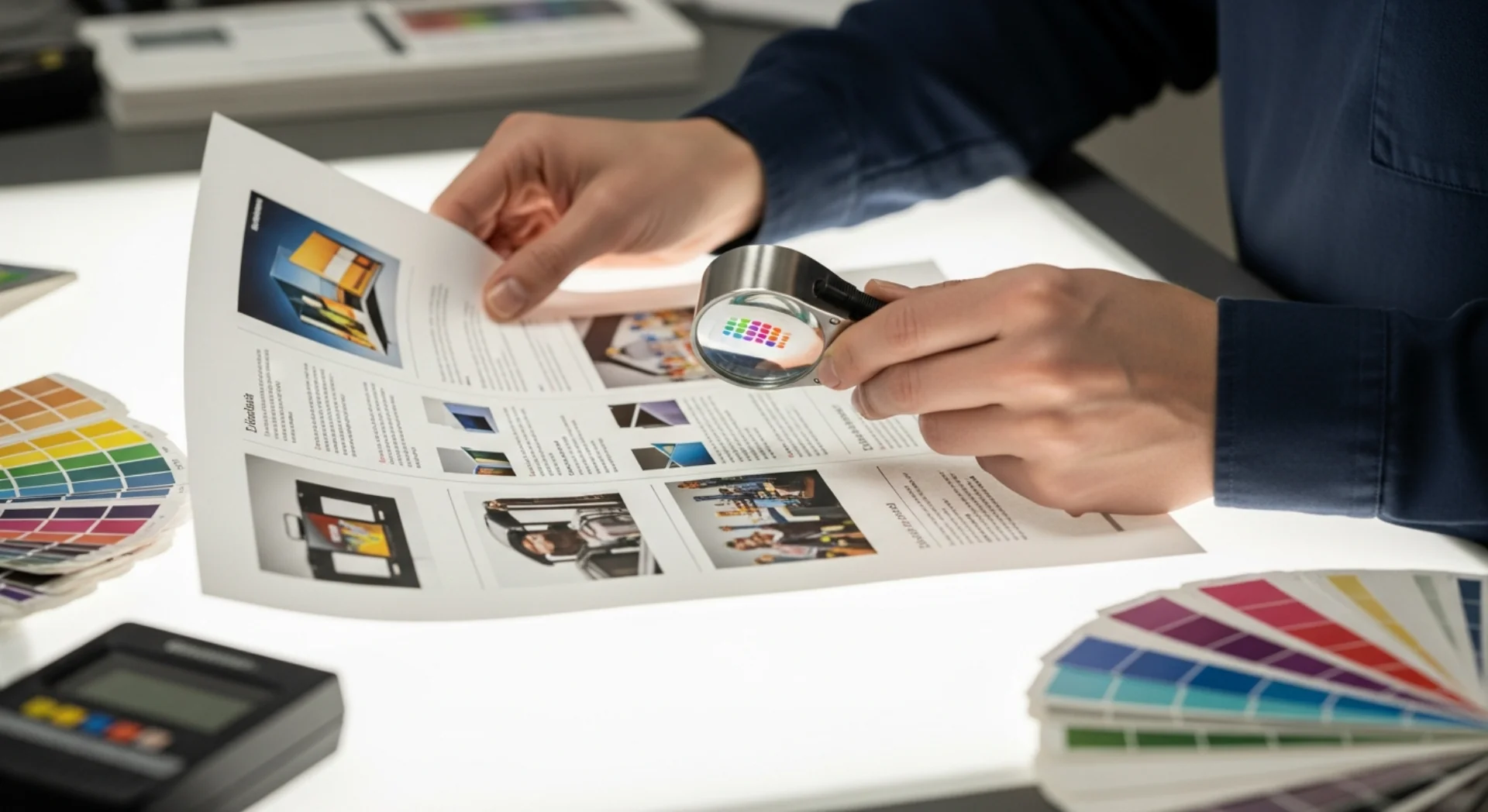 Hands holding a loupe over a printed proof sheet beside two color swatch fans