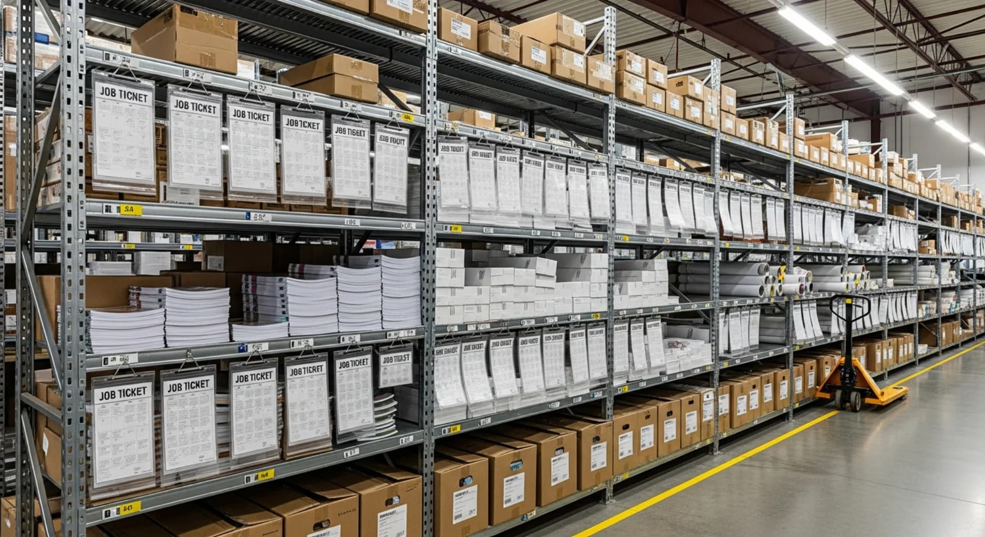 Warehouse racking holding boxed stock, banded paper, and job tickets