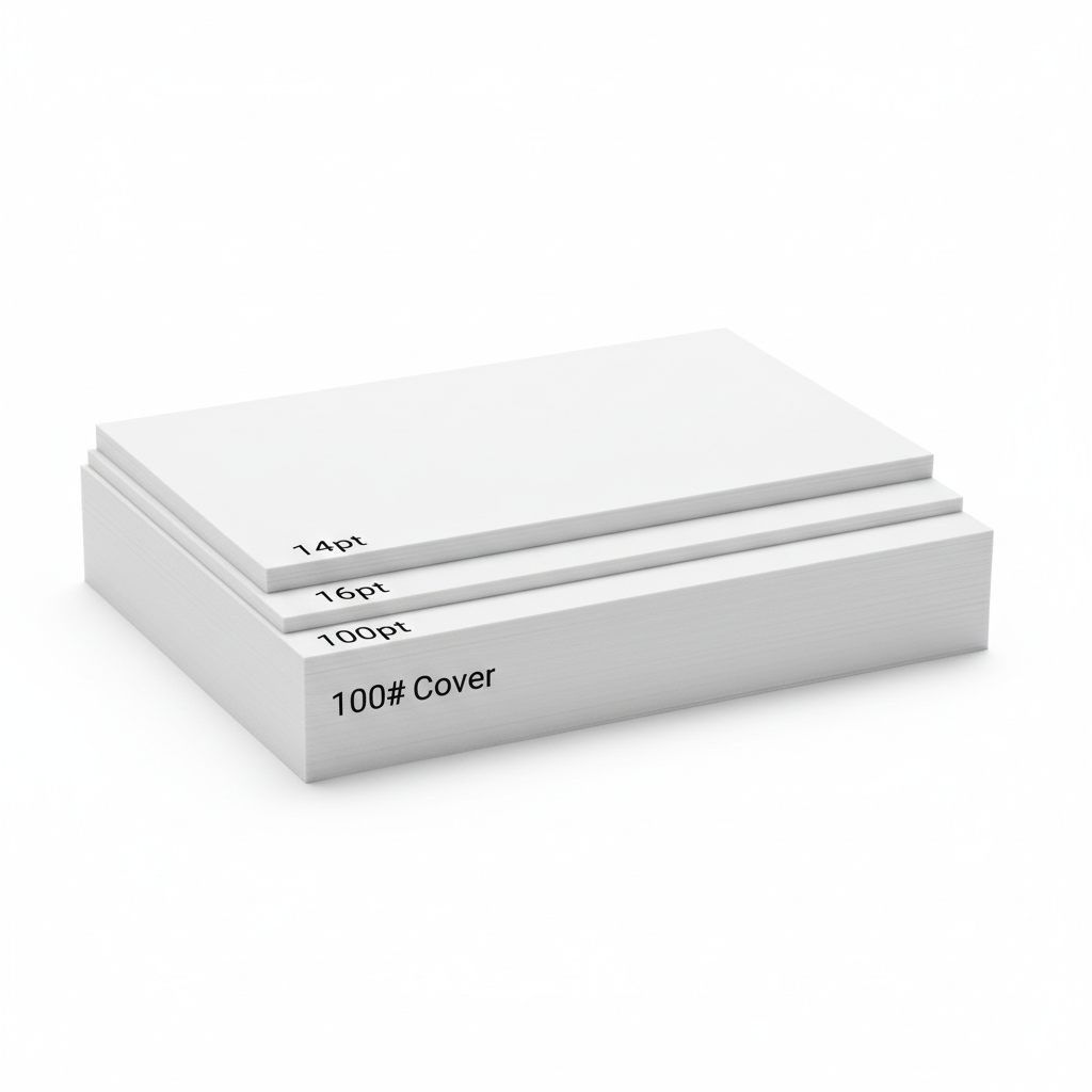 Business card samples showing different cardstock thickness (14pt, 16pt, 100# cover)