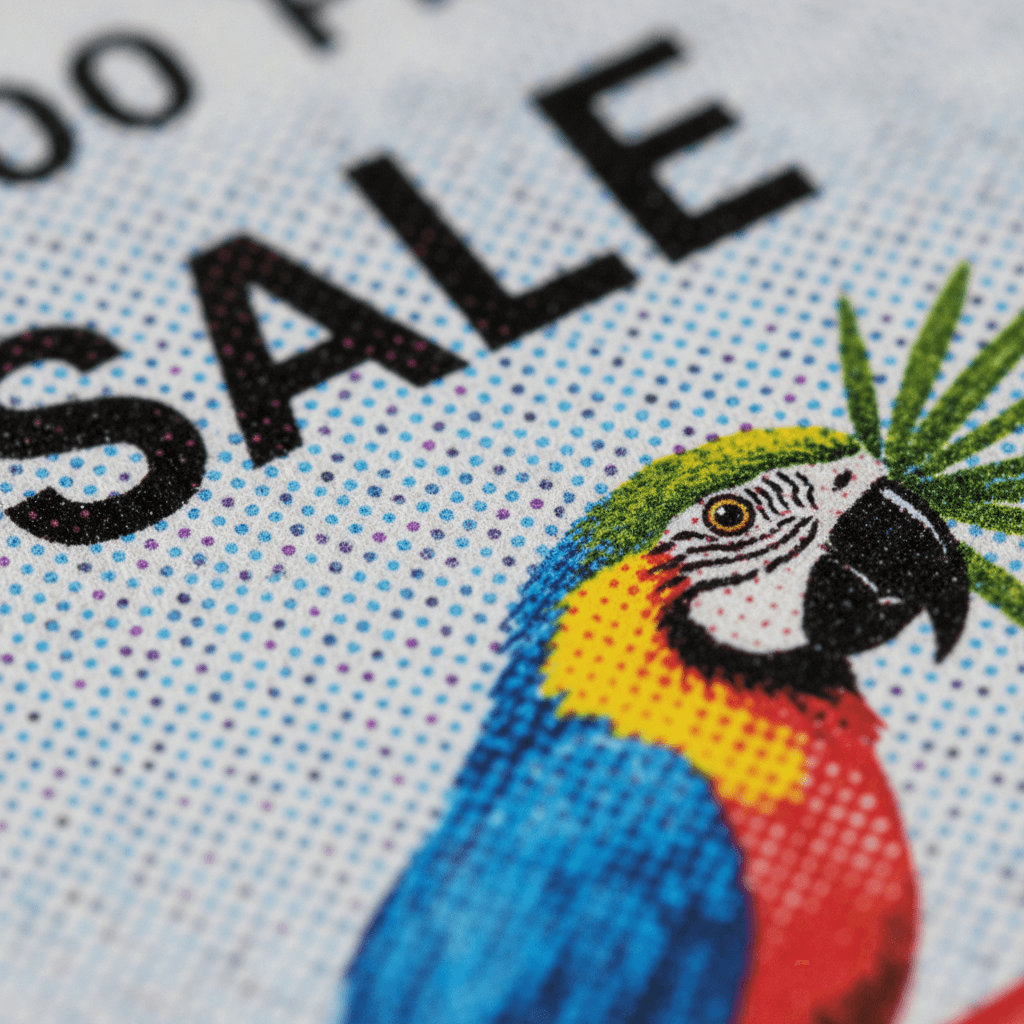 Close-up of vibrant CMYK color printing showing print quality