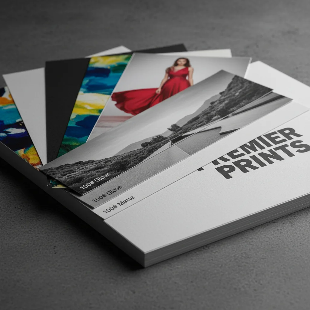 Different paper stock samples showing gloss and matte finishes