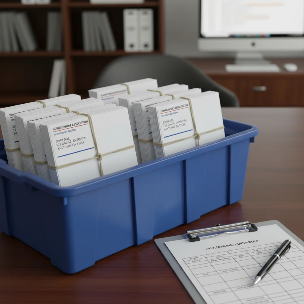 Stack of addressed HOA newsletters ready for mailing with IMb barcodes