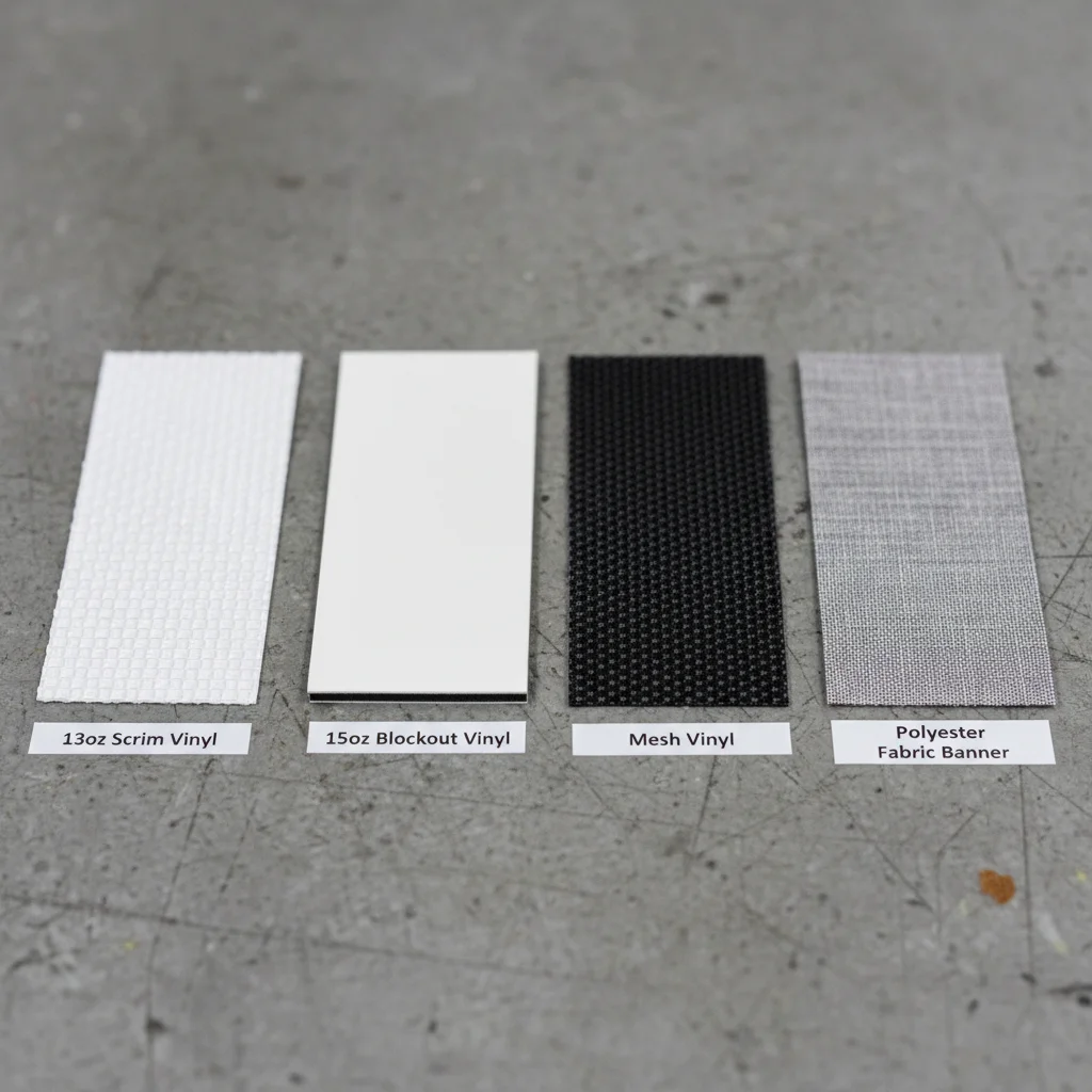 Large format printing materials including vinyl, coroplast, and foam board samples