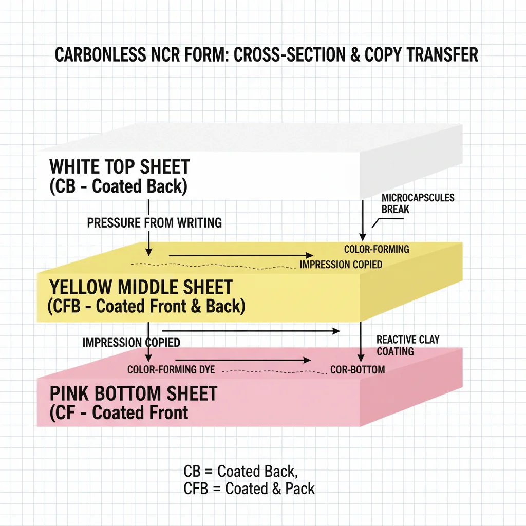 NCR carbonless form showing color-coded layers: white, canary, pink, goldenrod