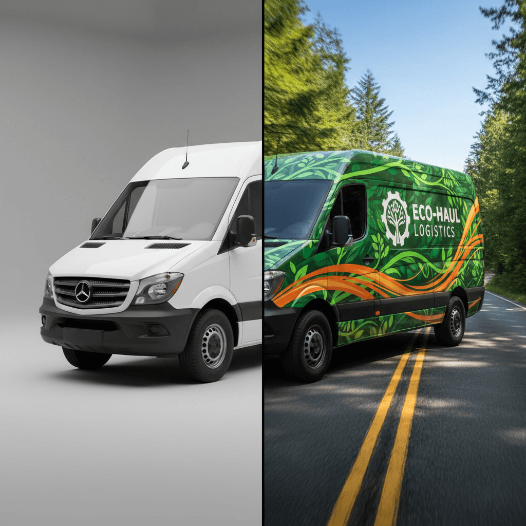 Before and after photos of vehicle wrap transformation showing plain van to branded wrap