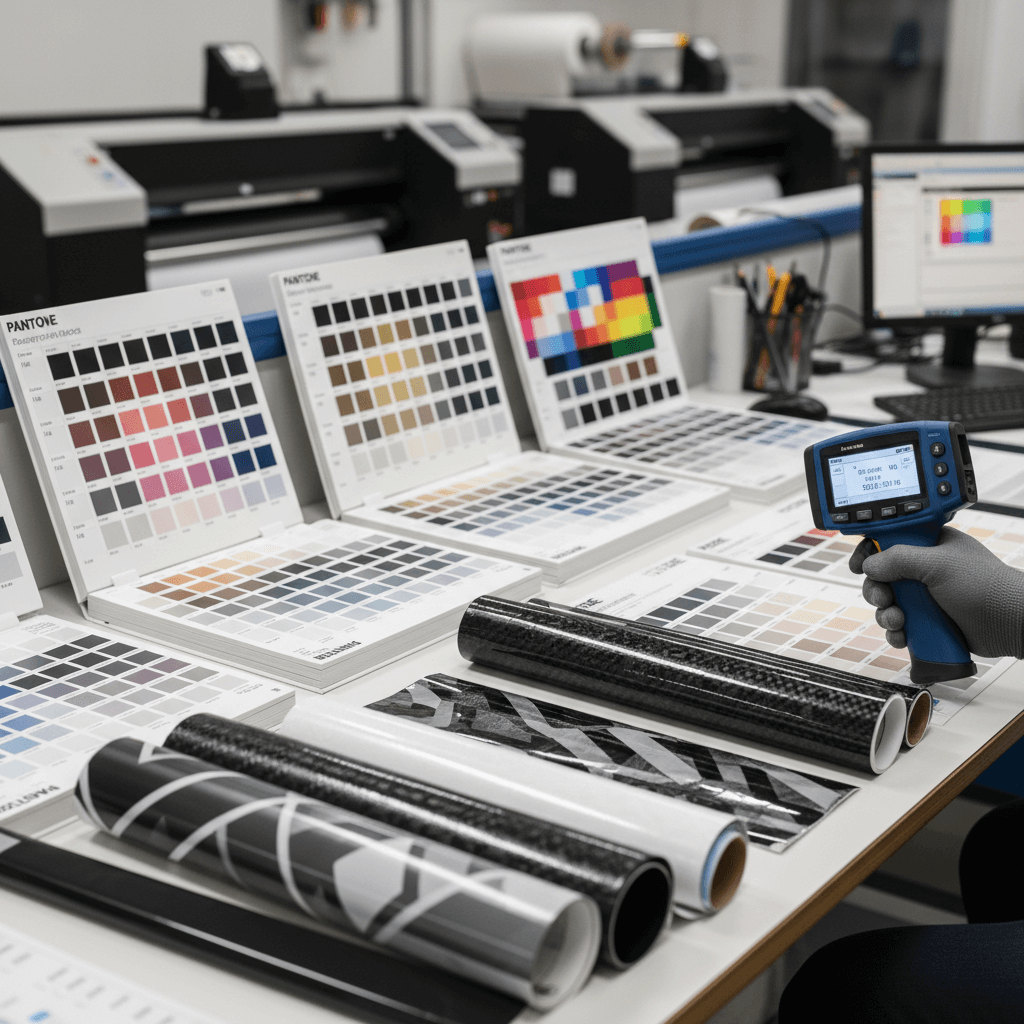 Color matching process for vehicle wraps showing Pantone swatches and brand colors