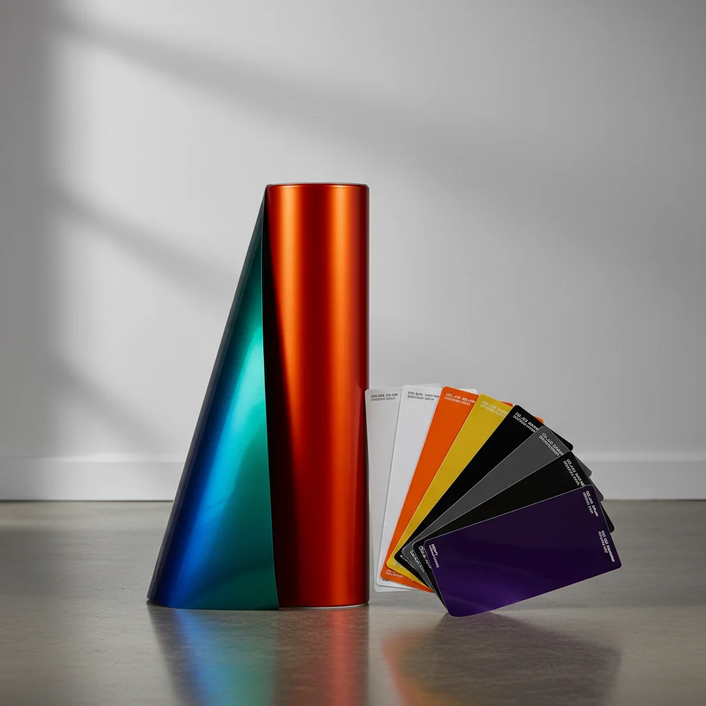 Premium 3M and Avery vinyl wrap materials showing gloss and matte finishes